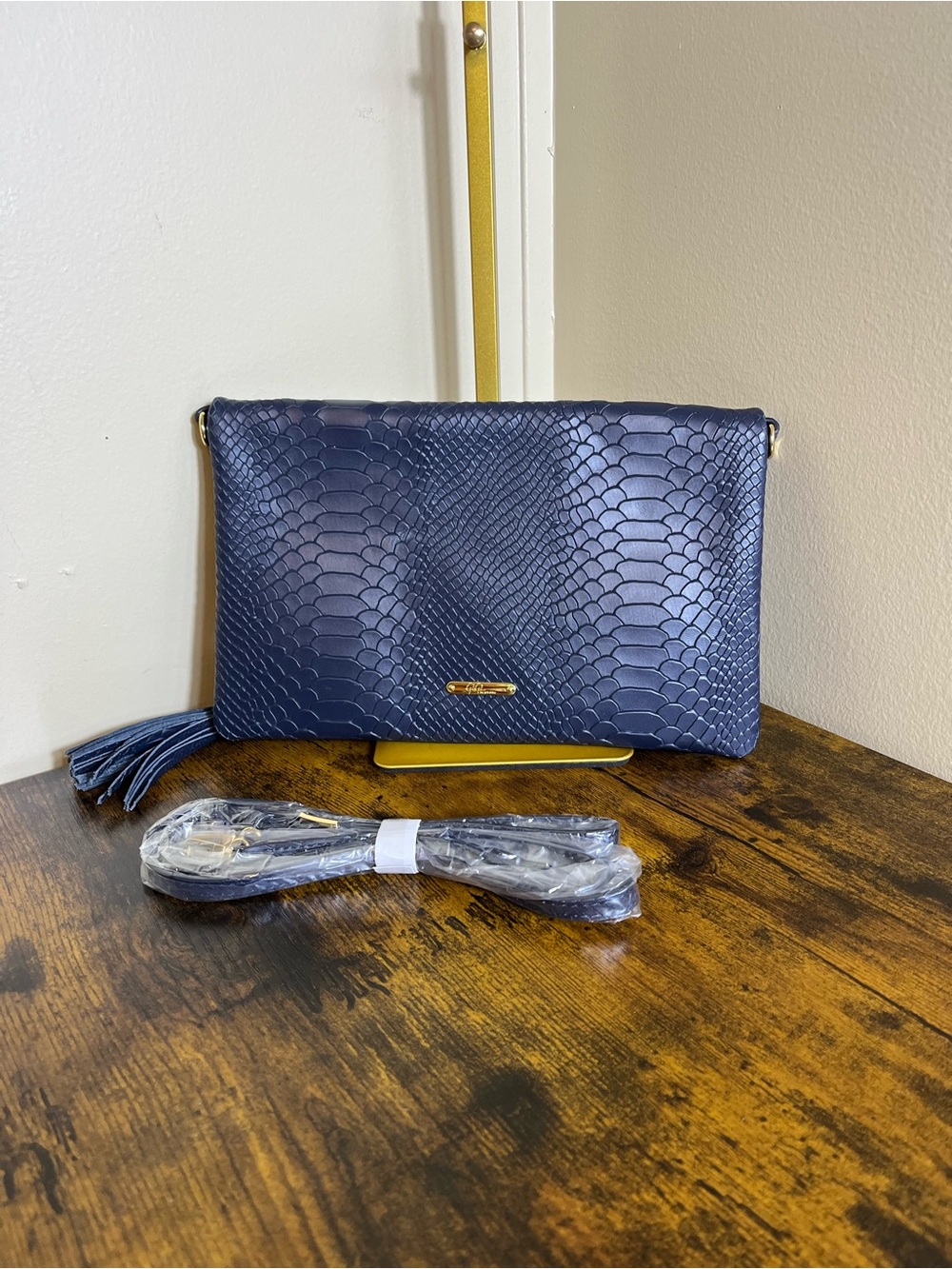 GiGi New York Navy Snake-Embossed Crossbody with Tassel